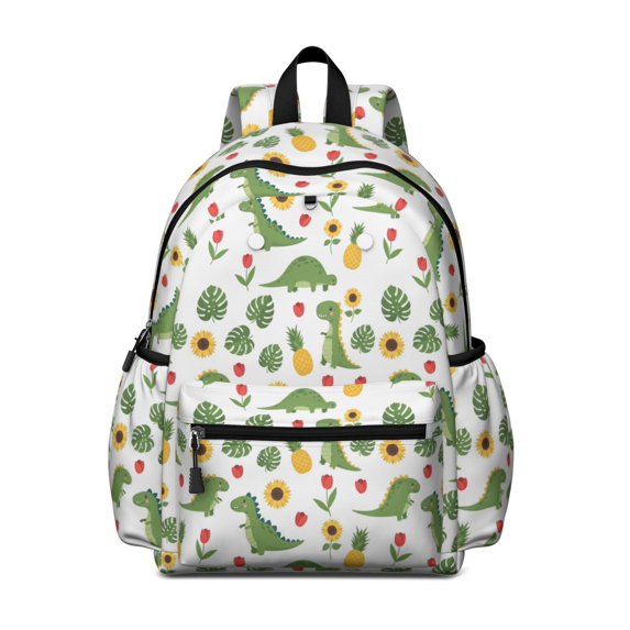 Dinosaur and Pineapple White Pattern Cute School Backpack with Padded Back and Adjustable Shoulder Straps 13.4"x11"x4.7"
