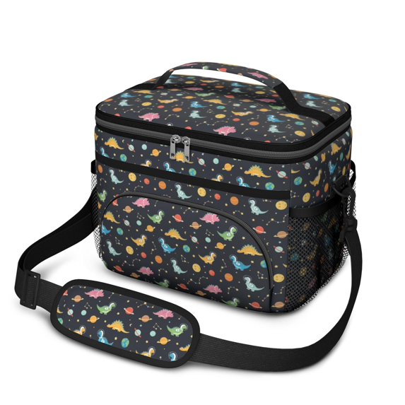 Dinosaur and Planet Black Pattern Insulated Lunch Box for Women Men, Medium Leakproof Cooler Bag with Adjustable Strap, 10"x6.7"x8"