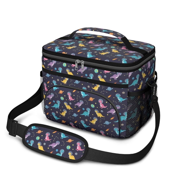 Dinosaur and Planet Black Pattern Insulated Lunch Box for Women Men, Medium Leakproof Cooler Bag with Adjustable Strap, 10"x6.7"x8"