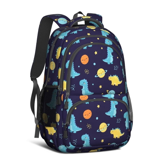 Dinosaur and Planet Navy Pattern Backpack for School, Cute School Bag with Adjustable Shoulder Straps and Padded Back, 16.9"x12.6"x5.9"