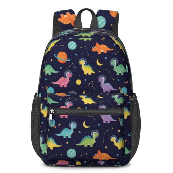 Dinosaur and Planets Blue Pattern 17" School Backpacks for Teens,Waterproof Oxford Fabric,S-Shape Padded Straps for School,Travel,Hiking,Camping
