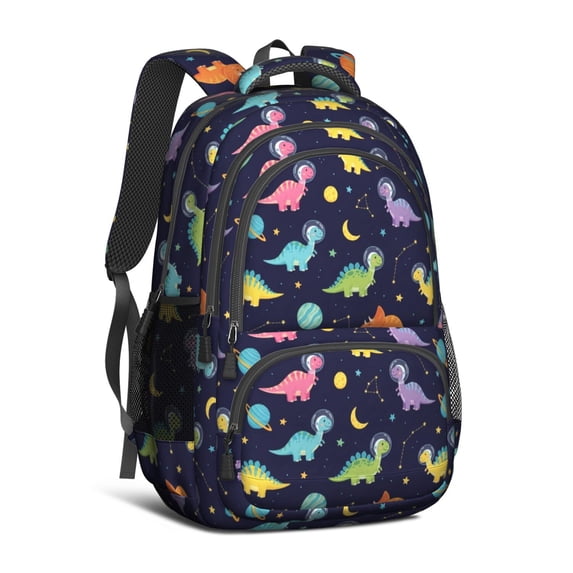 Dinosaur and Planets Blue Pattern Backpack for School, Cute School Bag with Adjustable Shoulder Straps and Padded Back, 16.9"x12.6"x5.9"