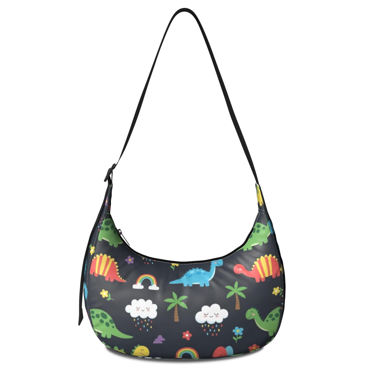 Backpack Essentials Girl Dinosaur and Rainbow Black Pattern Hobo Shoulder Bag, Shopping Crescent ...