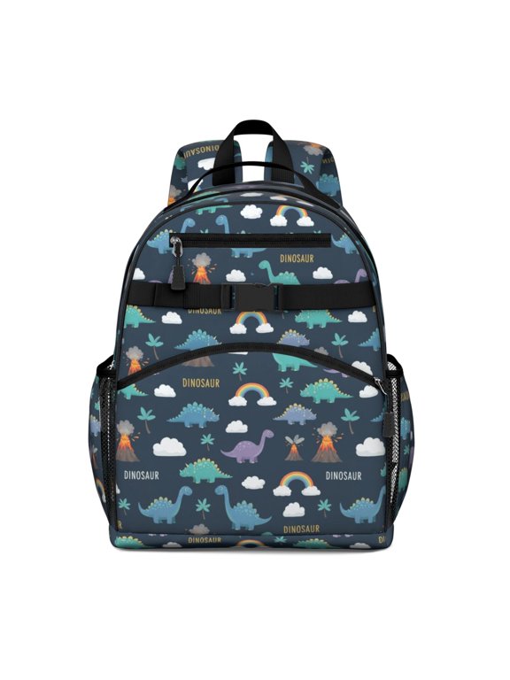 Dinosaur and Rainbow Navy Pattern Backpack for School, Cute School Bag with Adjustable Shoulder Straps and Padded Back, 15.25"x11.5"x5.25"