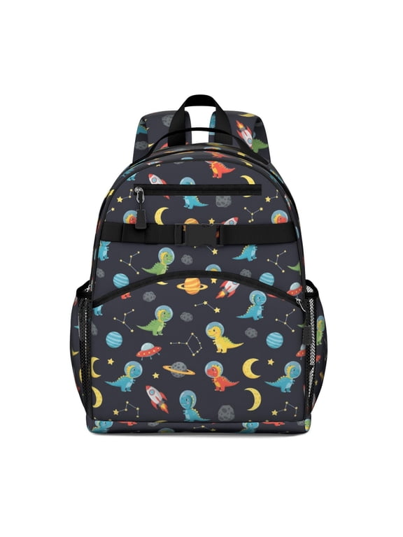 Dinosaur and Rocket Black Pattern Backpack for School, Cute School Bag with Adjustable Shoulder Straps and Padded Back, 15.25"x11.5"x5.25"