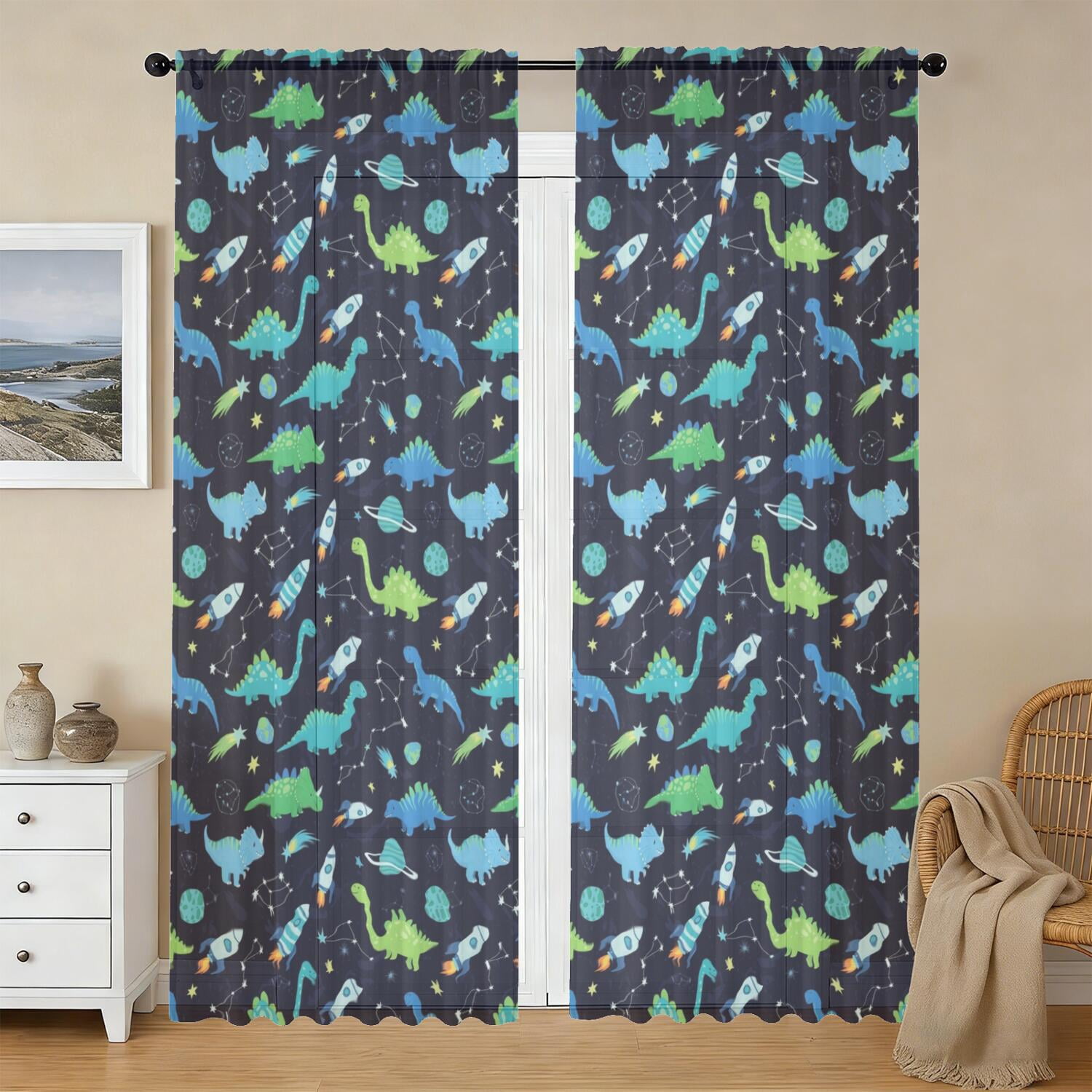 Rocket Patterns Dinosaur and Rocket Black Pattern Sheer Curtains, Sheer Window Panels ...