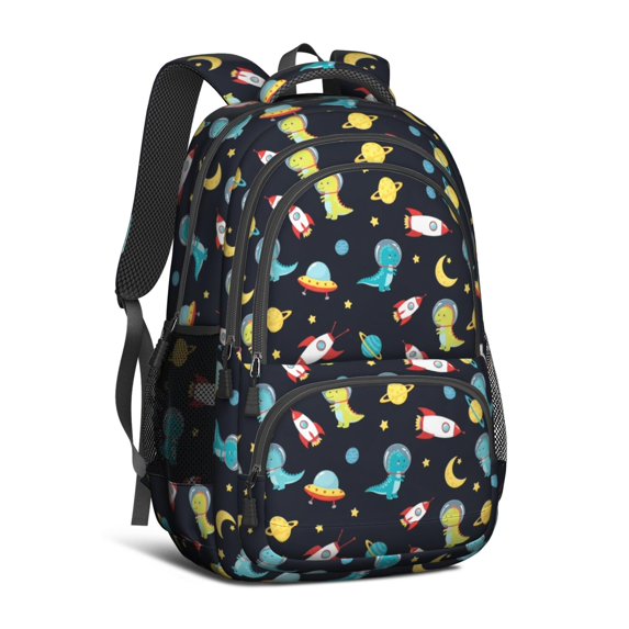Dinosaur and Rocket Navy Pattern Cute School Backpack Bag with Padded Back and Adjustable Shoulder Straps 16.9 X 12.6 X 5.9 Inches