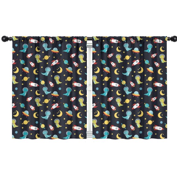 Dinosaur and Rocket Navy Pattern Insulated Teens Curtains Set Of 2, Bedroom Essentials, Toddler Room Decor 42"x54"