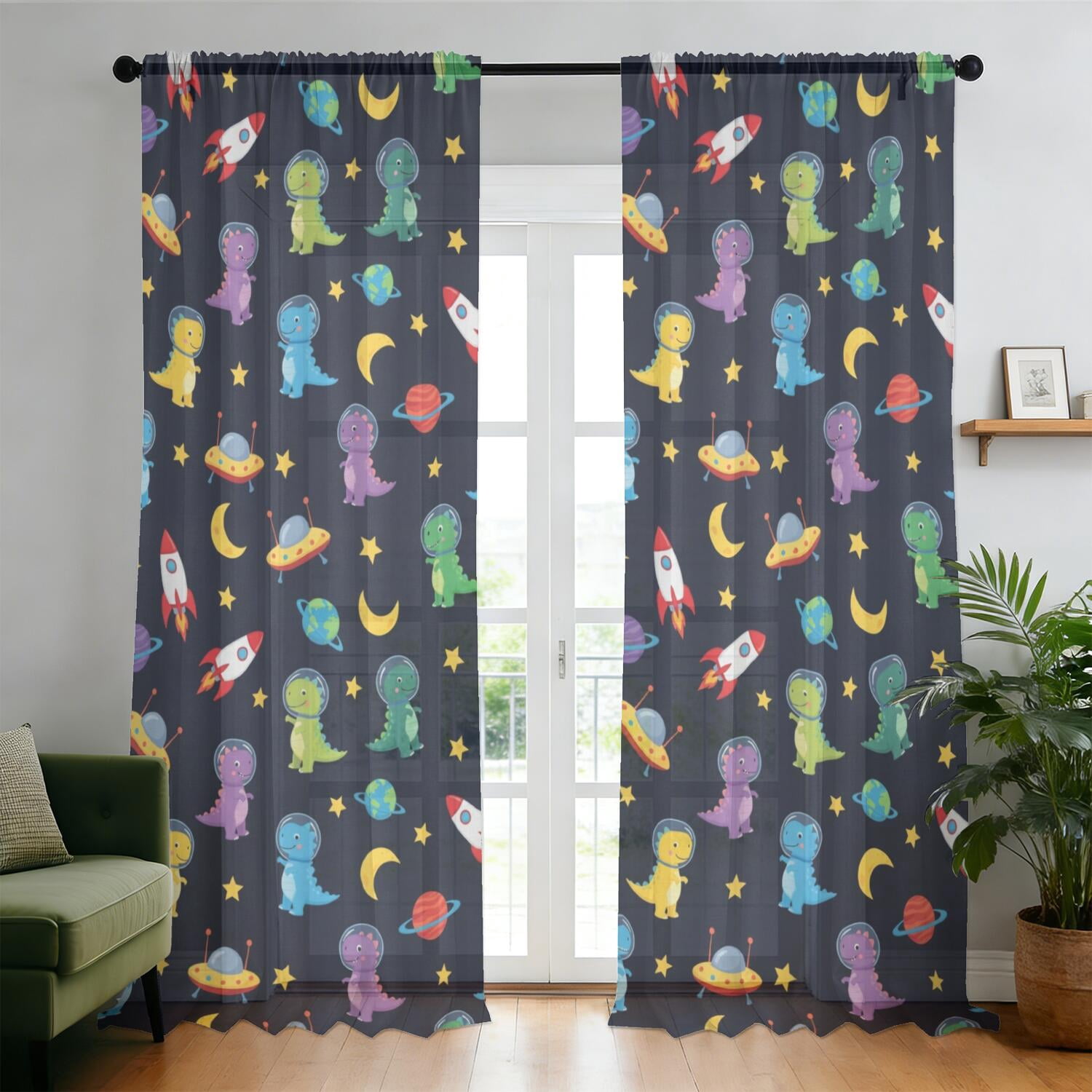 Rocket Patterns Dinosaur and Rocket Navy Pattern Sheer Curtains, Rod Pocket Sheer ...