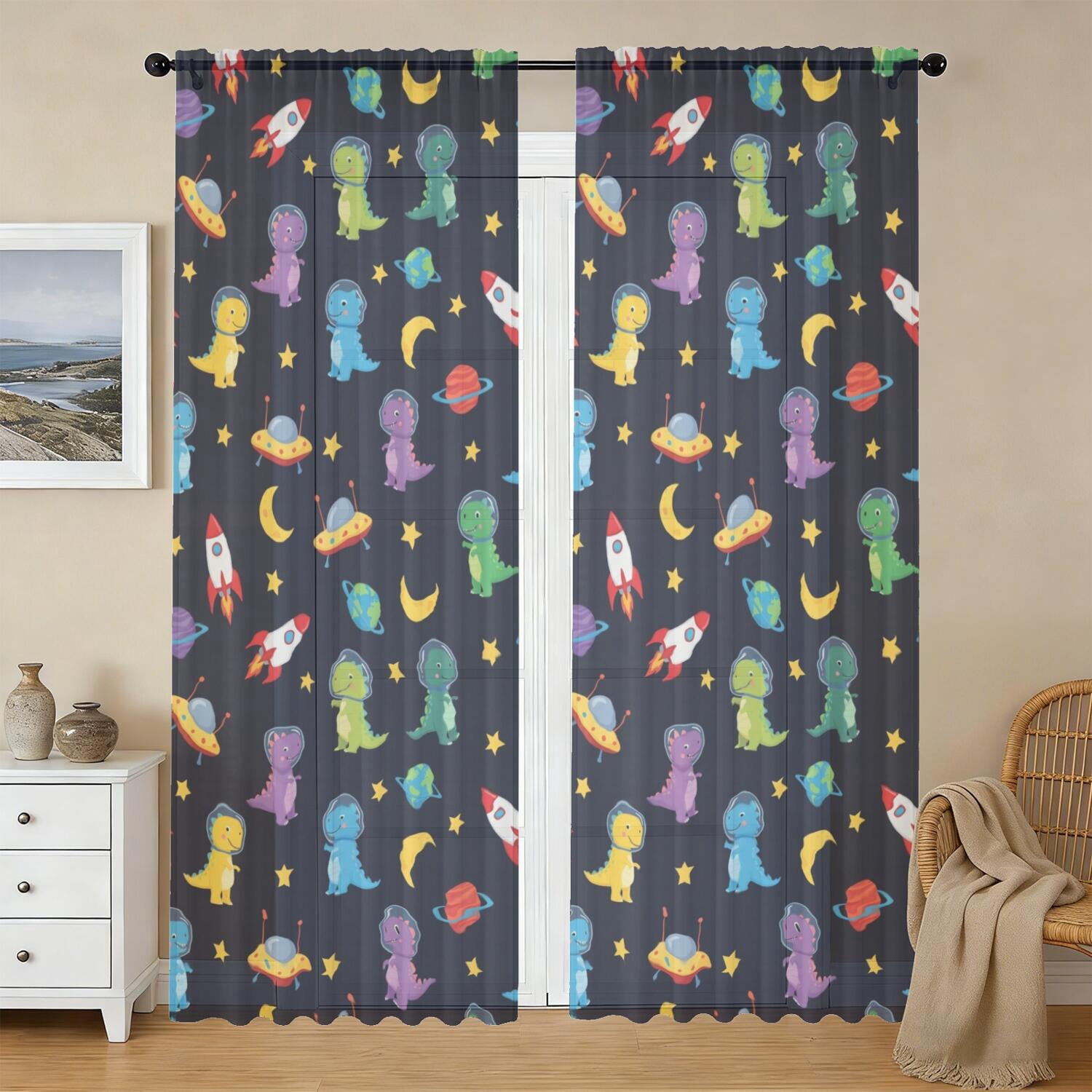 To Design Simple Rockets Dinosaur and Rocket Navy Pattern Sheer Curtains, Voile Drapes with Dual ...