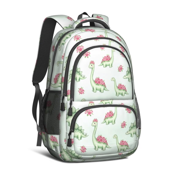 Dinosaur and Rose Light Green Pattern Cute School Backpack Bag with Padded Back and Adjustable Shoulder Straps 16.9 X 12.6 X 5.9 Inches