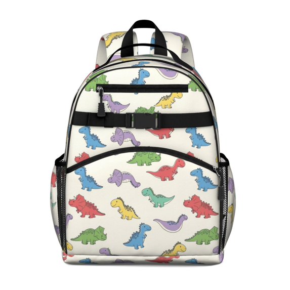 Dinosaur and Silhouette Beige Pattern Cute School Backpack Bag for School with Padded Back and Adjustable Shoulder Straps 15.25"x11.5"x5.25"