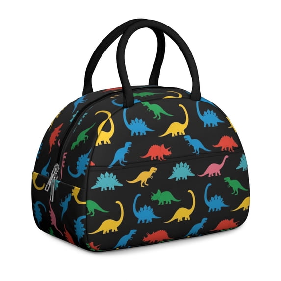 Dinosaur and Silhouette Black Pattern Insulated Lunch Bag,Leakproof Large Capacity Lunch Box for Work,Picnic or Travel,11.4 X 6.7 X 8.3 Inches