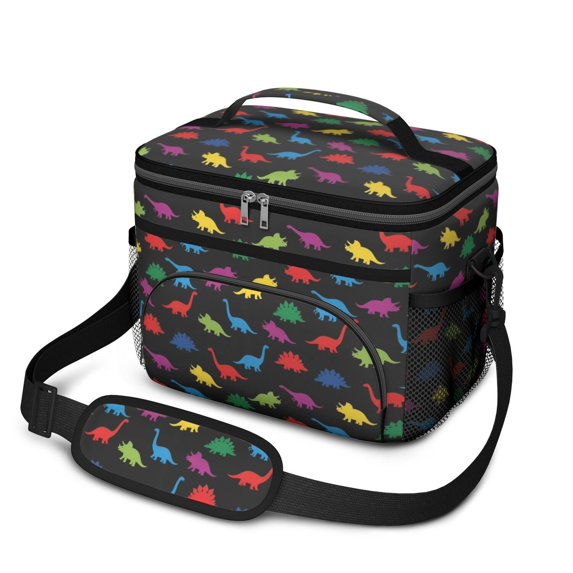 Dinosaur and Silhouette Black Pattern Insulated Lunch Box for Women Men, Medium Leakproof Cooler Bag with Adjustable Strap, 10"x6.7"x8"