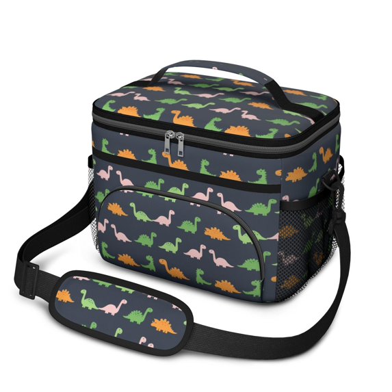 Dinosaur and Silhouette Navy Blue Insulated Lunch Box for Women Men, Medium Leakproof Cooler Bag with Adjustable Strap, 10"x6.7"x8"