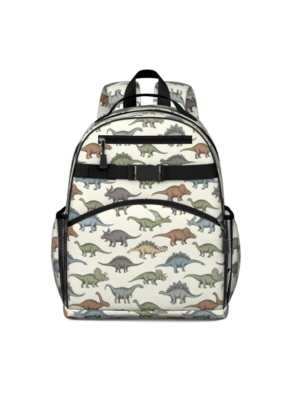 Dinosaur and Silhouette Off White Pattern Cute School Backpack Bag for School with Padded Back and Adjustable Shoulder Straps 15.25"x11.5"x5.25"