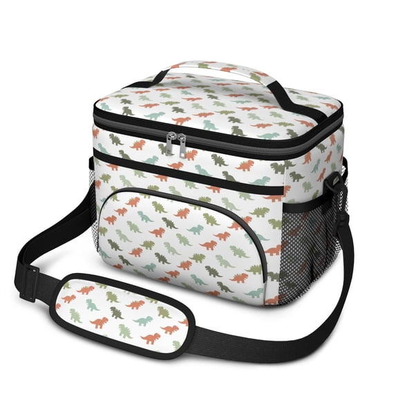 Dinosaur and Silhouette White Pattern Insulated Lunch Box for Women Men, Medium Leakproof Cooler Bag with Adjustable Strap, 10"x6.7"x8"
