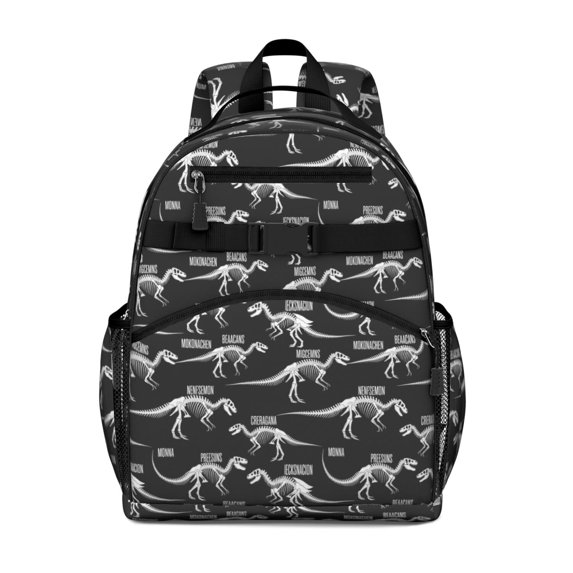 Dinosaur and Skeleton Black Pattern Cute School Backpack Bag for School with Padded Back and Adjustable Shoulder Straps 15.25"x11.5"x5.25"