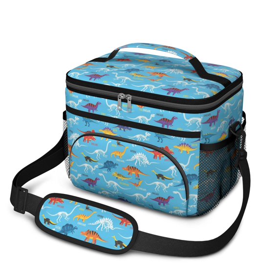 Dinosaur and Skeleton Bright Blue Insulated Lunch Box for Women Men, Medium Leakproof Cooler Bag with Adjustable Strap, 10"x6.7"x8"