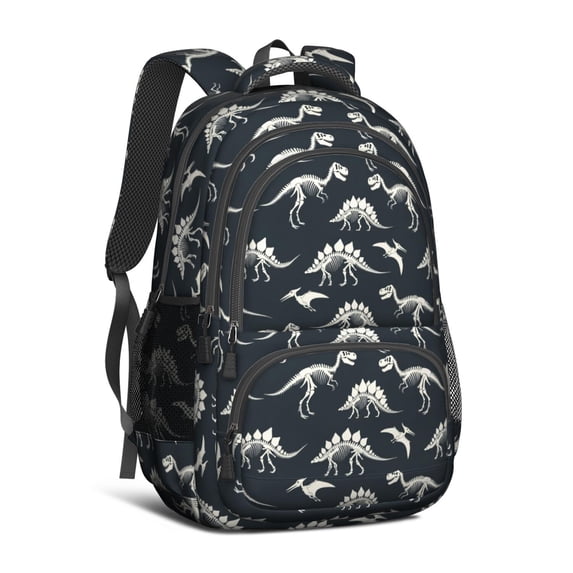Dinosaur and Skeleton Navy Blue Pattern Cute School Backpack Bag with Padded Back and Adjustable Shoulder Straps 16.9 X 12.6 X 5.9 Inches