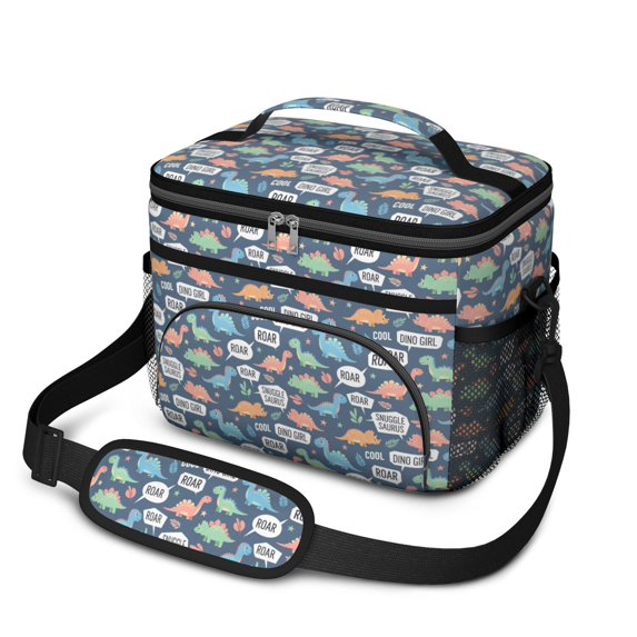 Dinosaur and Speech Bubble Gray Insulated Lunch Box for Women Men, Medium Leakproof Cooler Bag with Adjustable Strap, 10"x6.7"x8"