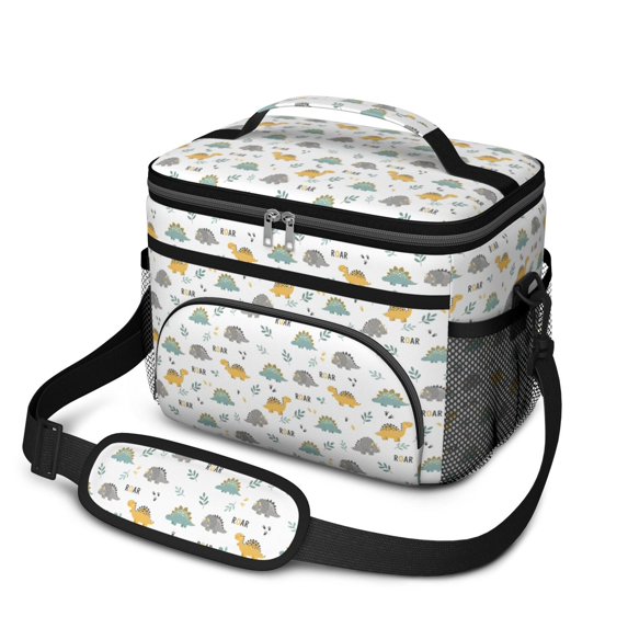 Dinosaur and Speech Bubble White Insulated Lunch Box for Women Men, Medium Leakproof Cooler Bag with Adjustable Strap, 10"x6.7"x8"