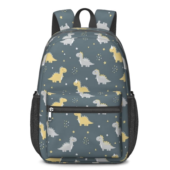 Dinosaur and Star Gray Pattern 17" Waterproof Oxford School Backpacks for Teens, S-Shape Padded Straps, for School, Travel, Hiking, Camping