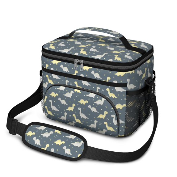 Dinosaur and Star Gray Pattern Insulated Lunch Box for Women Men, Medium Leakproof Cooler Bag with Adjustable Strap, 10"x6.7"x8"