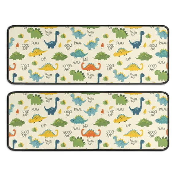 Dinosaur and Text Beige Pattern Anti Fatigue Kitchen Rugs Set Of 2, Non Slip Washable Decorative Floor Mats for Sink Laundry and Home Use, 17"x47"