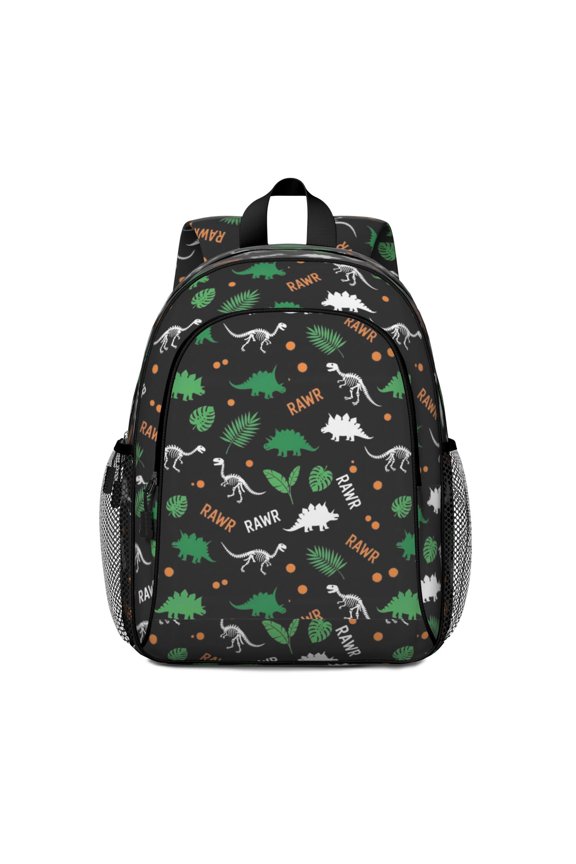 Dinosaur and Text Black Pattern Backpack for School, Cute School Bag with Adjustable Shoulder Straps and Padded Back, 15"x11.42"x5.5"