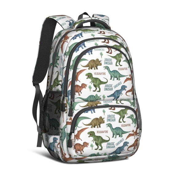 Dinosaur and Text White Pattern Backpack for School, Cute School Bag with Adjustable Shoulder Straps and Padded Back, 16.9"x12.6"x5.9"