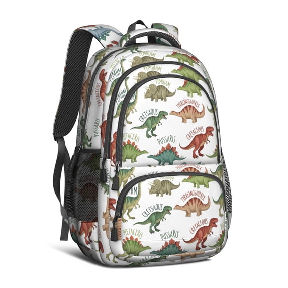 Dinosaur and Text White Pattern Backpack for School, Cute School Bag with Adjustable Shoulder Straps and Padded Back, 16.9"x12.6"x5.9"