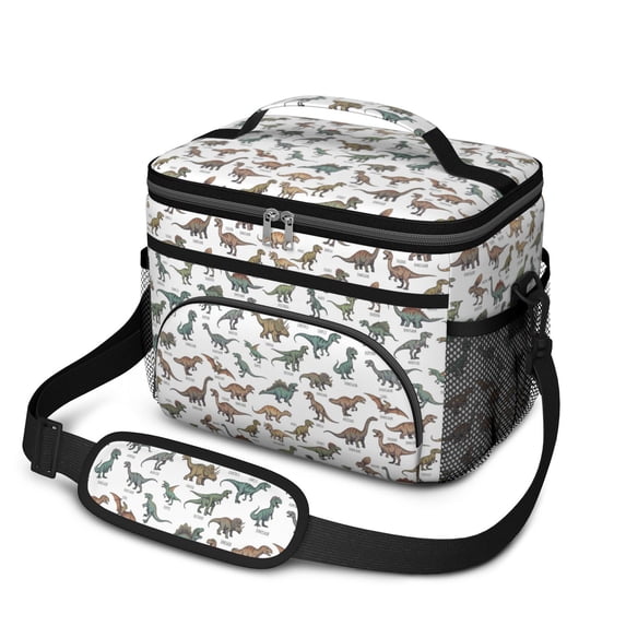 Dinosaur and Text White Pattern Insulated Lunch Box for Women Men, Medium Leakproof Cooler Bag with Adjustable Strap, 10"x6.7"x8"