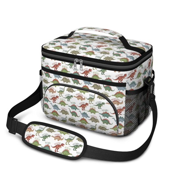 Dinosaur and Text White Pattern Insulated Lunch Box for Women Men, Medium Leakproof Cooler Bag with Adjustable Strap, 10"x6.7"x8"