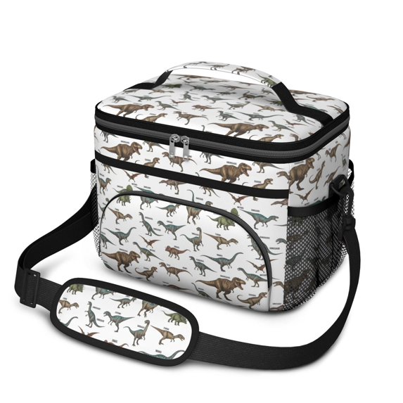 Dinosaur and Text White Pattern Insulated Lunch Box for Women Men, Medium Leakproof Cooler Bag with Adjustable Strap, 10"x6.7"x8"