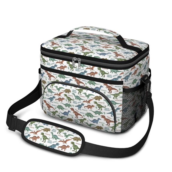 Dinosaur and Text White Pattern Insulated Lunch Box for Women Men, Medium Leakproof Cooler Bag with Adjustable Strap, 10"x6.7"x8"