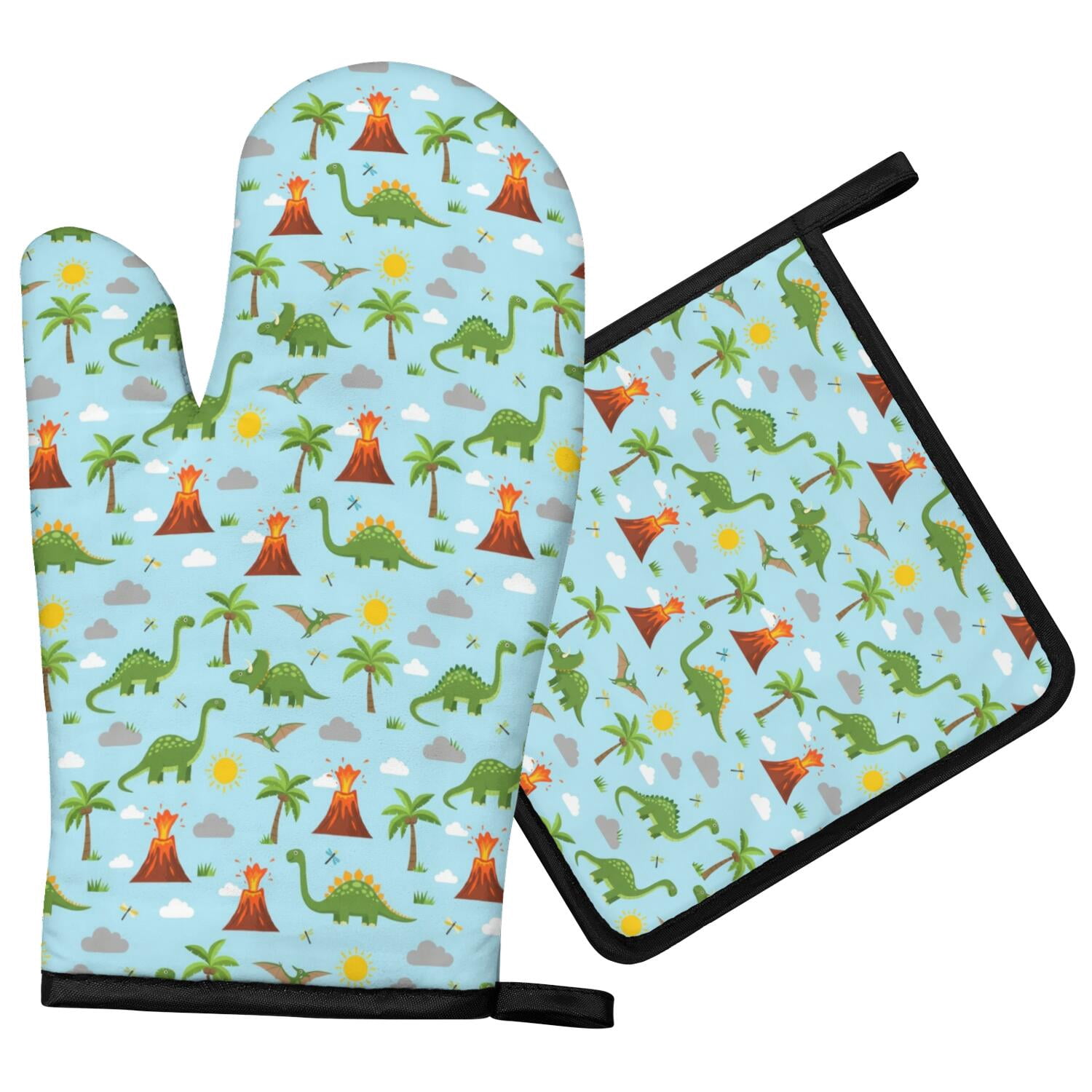 Dinosaur and Volcano Blue Pattern Oven Mitt Pot Holder Set, Polyester ...