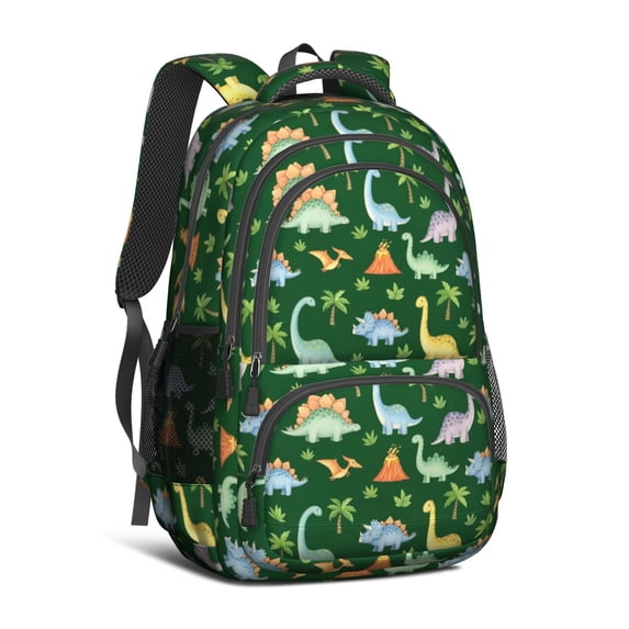 Dinosaur and Volcano Green Pattern Backpack for School, Cute School Bag with Adjustable Shoulder Straps and Padded Back, 16.9"x12.6"x5.9"