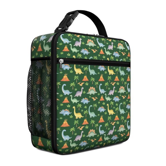 Dinosaur and Volcano Green Pattern Insulated Lunch Bag Teens,Lunch Box for Men Women for Work,Picnic or Travel,10.2x9.5x4.3 Inches,8 Can Capacity