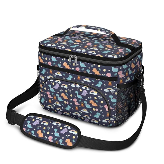 Dinosaur and Volcano Navy Blue Insulated Lunch Box for Women Men, Medium Leakproof Cooler Bag with Adjustable Strap, 10"x6.7"x8"