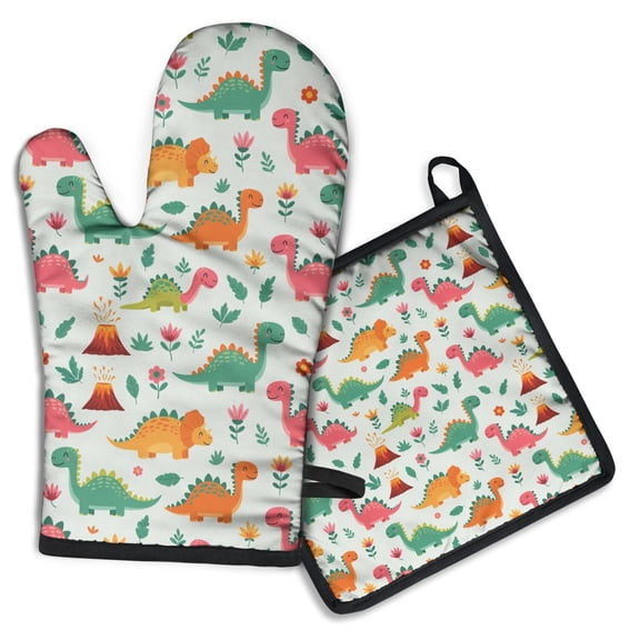 Dinosaur and Volcano Pattern Kitchen Oven Mitt and Pot Holder Sets 2 Pcs for Baking, Cooking and Grilling, Heat Resistant Up To 392 °F