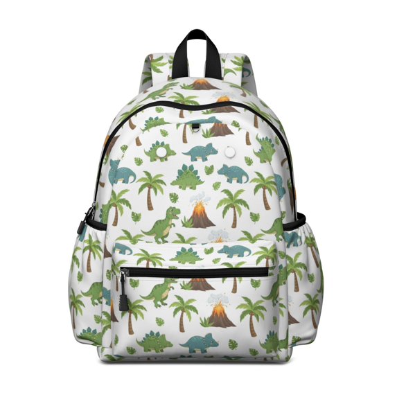 Dinosaur and Volcano White Pattern Cute School Backpack with Padded Back and Adjustable Shoulder Straps 13.4"x11"x4.7"