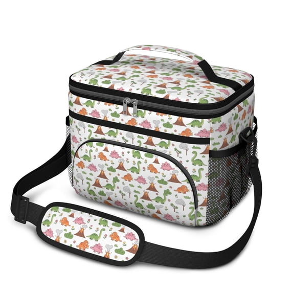 Dinosaur and Volcano White Pattern Insulated Lunch Box for Women Men, Medium Leakproof Cooler Bag with Adjustable Strap, 10"x6.7"x8"