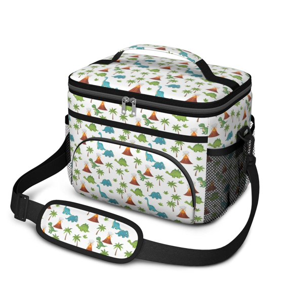 Dinosaur and Volcano White Pattern Insulated Lunch Box for Women Men, Medium Leakproof Cooler Bag with Adjustable Strap, 10"x6.7"x8"