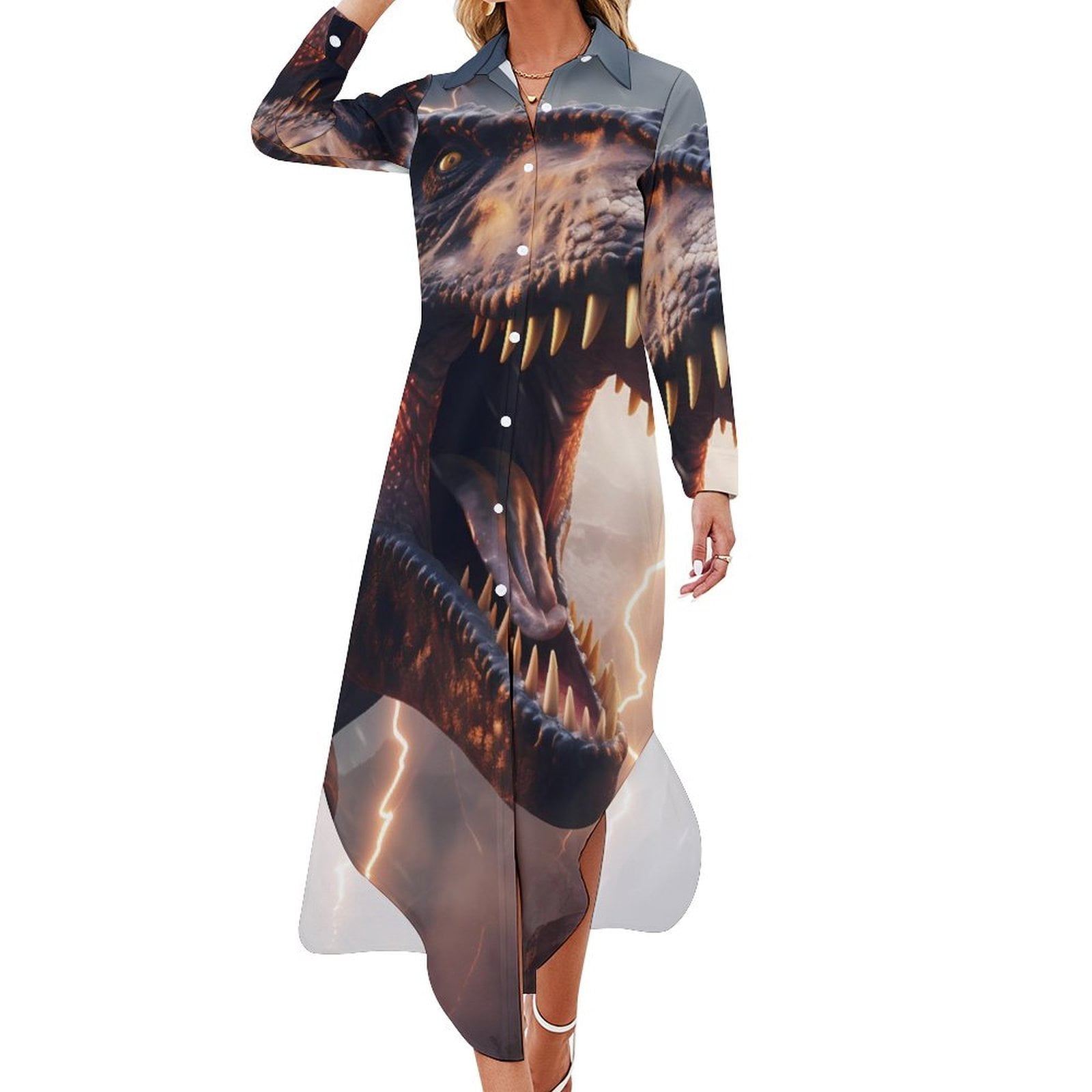 womens short sleeve button front v-waist dress | blue dino landscape | bamboo