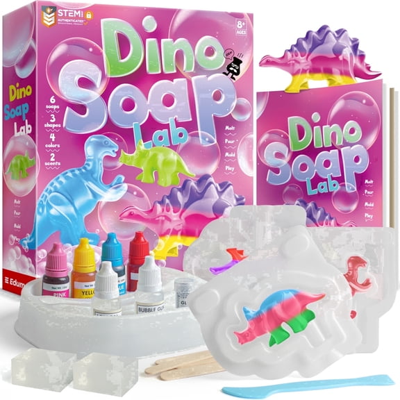 Piano Potato Dino Soap Making Kit for Kids, DIY Craft Set Makes 6 Scented Glitter Dinosaur Soaps with 4 Mixable Colors, Toy Gift for Boys & Girls Ages 8+
