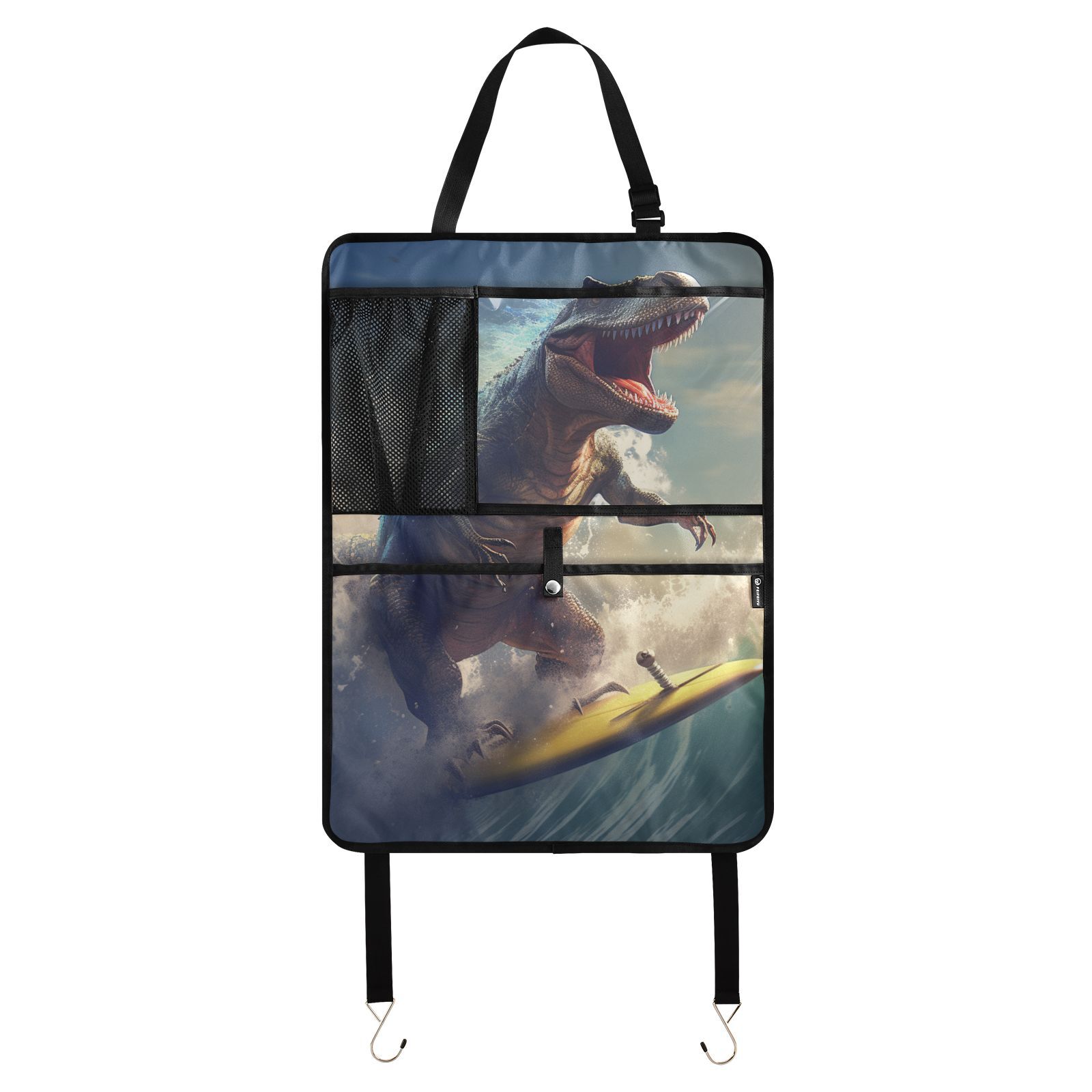 Dinosaur surfing epic wave ride(17) Back Seat Cover + Pocket Storage Organizer, 4 Pack Multifunctional Kick Mats Backseat Protector