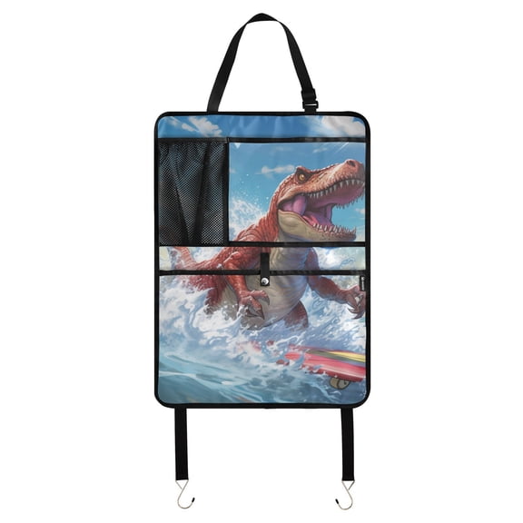 Dinosaur surfing ocean wave fun Car Seat Back Kick Protectors,10 Pack Kick Mats with Storage Pockets for Vehicles to Protect from Dirt, Mud & Scratches