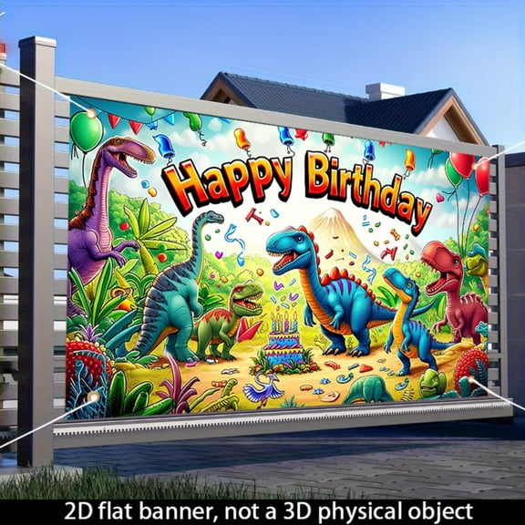 Dinosaur-themed birthday party banner, indoor and outdoor party decoration background cloth, 71x43 inches, birthday wall flag hanging, colorful dinosaur and cake balloon design, suitable for family a