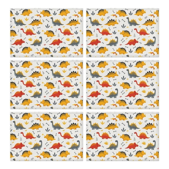 Dinosaur with Bones Pattern Summer Placemats Table Placemats Set Of 6-Linen Kitchen Washable Placemats Table Mats 11.8"x17.7" Non-Slip Heat Resistant